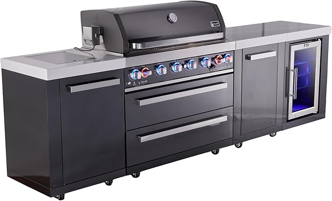 Mont Alpi 119"W x 23"D x 46"H Black Stainless Steel Outdoor Kitchen Island with Refrigerator + 44"W 6-Burner BBQ Grill + Granite Countertops + Storage Cabinets + Chopping Board + Rotisserie + Cover