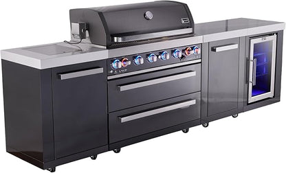 Mont Alpi 119"W x 23"D x 46"H Black Stainless Steel Outdoor Kitchen Island with Refrigerator + 44"W 6-Burner BBQ Grill + Granite Countertops + Storage Cabinets + Chopping Board + Rotisserie + Cover