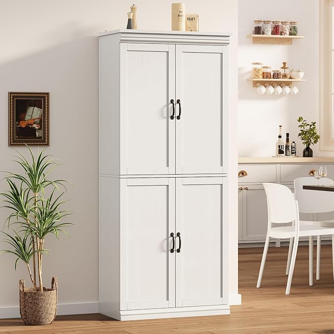 IDEALHOUSE Pantry Cabinet, White 4-Door with Adjustable Shelves, 70" H | Freestanding Cupboard with 5 Interior Compartments, Dining Room, Kitchen, Bathroom, Living Room