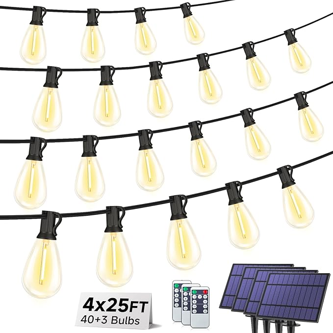 100FT(4x25FT) Solar String Lights with Remote, 3 Lighting Mode Outdoor Waterproof Dimmable Patio Lights String with 10+1 Shatterproof S11 LED Bulbs for Backyard-Black