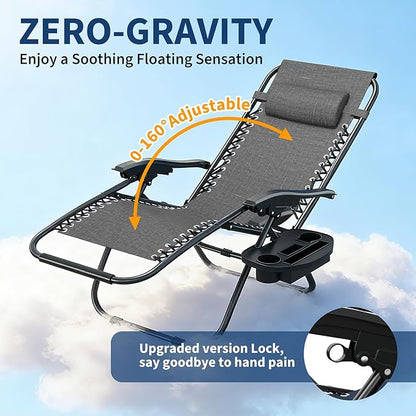 Garvee Zero Gravity Chair Set of 2, Patio Lounge Chair Outdoor with Pillow & Cup Holder Tray, Adjustable Reclining Chair, Folding Portable Camping Chair for Deck, Beach, Yard, Garden - Gray