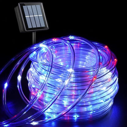 QITONG Red White Blue Solar Rope Lights, 66ft 200 LED 4th of July String Lights, 8 Modes Fairy Lights in Clear Thin Tube for Patriotic Independence Memorial Day Decor