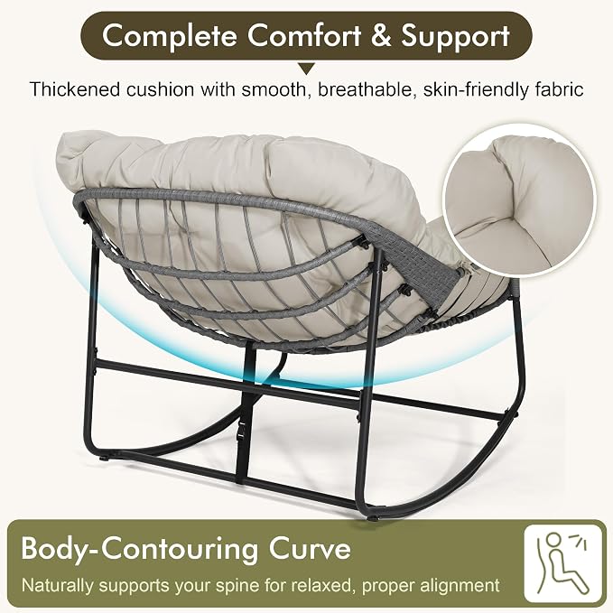 Bifanuo Oversized Egg Rocking Chair for Indoor Outdoor – All-Weather Wicker Rattan Lounge Chair with Cushion Patio Rocker for Porch Garden or Balcony (Beige)