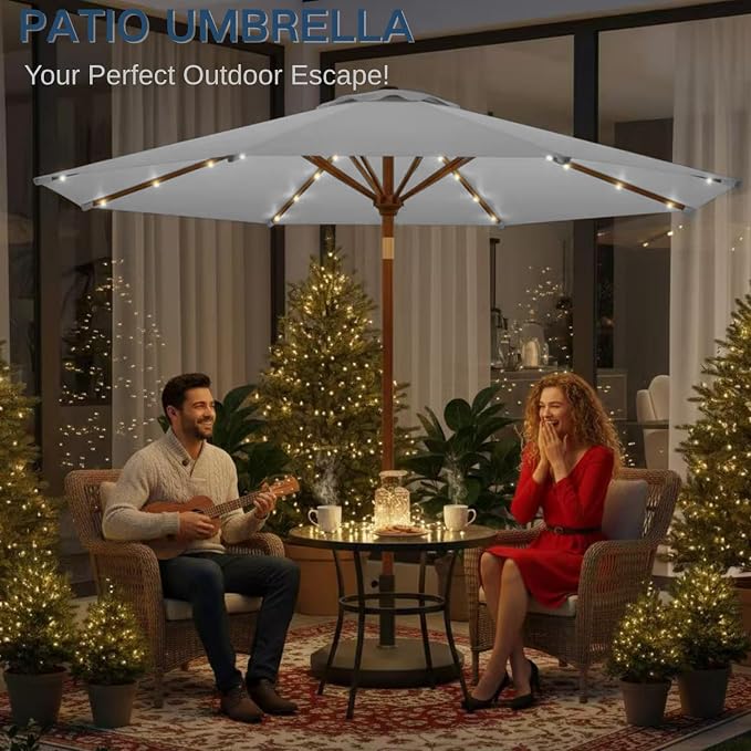 9' Solar LED Patio Umbrella with Tilt & Crank|8 Sturdy Ribs,UV Protection,Outdoor Market Table Umbrella for Deck,Lawn,Pool,Backyard(Light Gray)