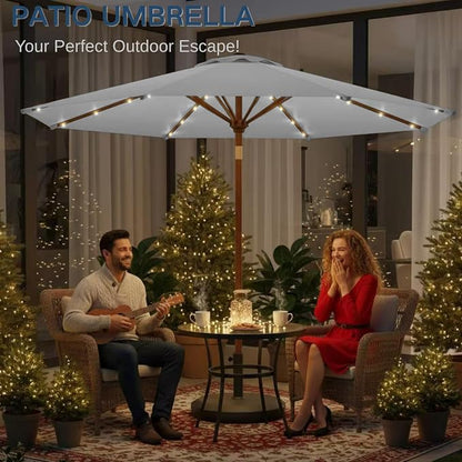 9' Solar LED Patio Umbrella with Tilt & Crank|8 Sturdy Ribs,UV Protection,Outdoor Market Table Umbrella for Deck,Lawn,Pool,Backyard(Light Gray)