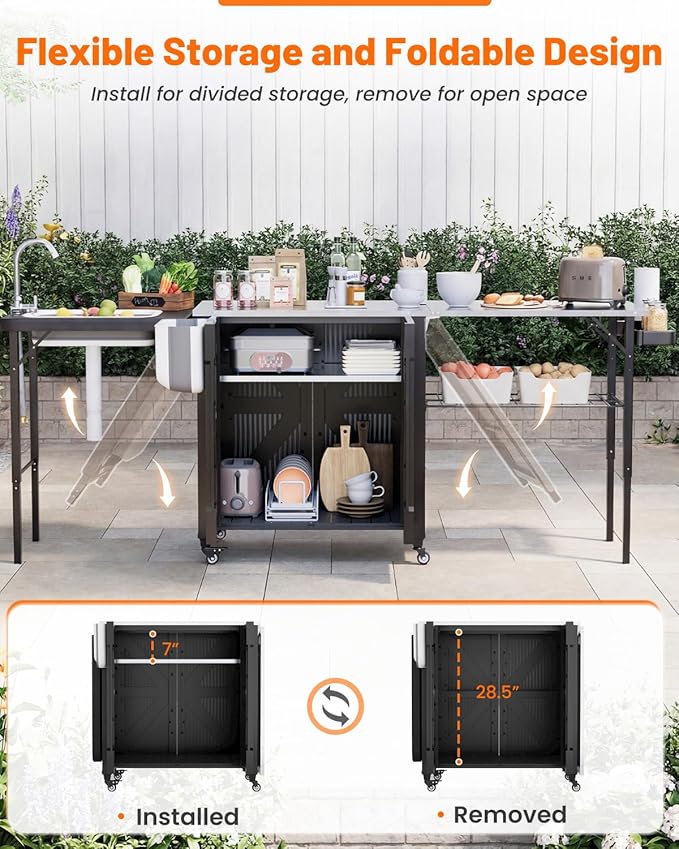 AECOJOY Outdoor Grill Cart Table with Sink, Portable Folding Outdoor Kitchen Island with Storage Cabinet, Stainless Steel Rolling Grill BBQ Food Prep Station with Wheels for Patio, Backyard
