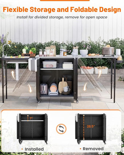 AECOJOY Outdoor Grill Cart Table with Sink, Portable Folding Outdoor Kitchen Island with Storage Cabinet, Stainless Steel Rolling Grill BBQ Food Prep Station with Wheels for Patio, Backyard