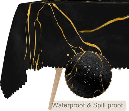60x84inches Black Gold Marble Rectangle Tablecloth Luxury Marble Texture Gold Line Polyester Table Cover Waterproof Stain Resistant Table Cloth for Dinner Home Balcony Cafe Indoor Outdoor Use