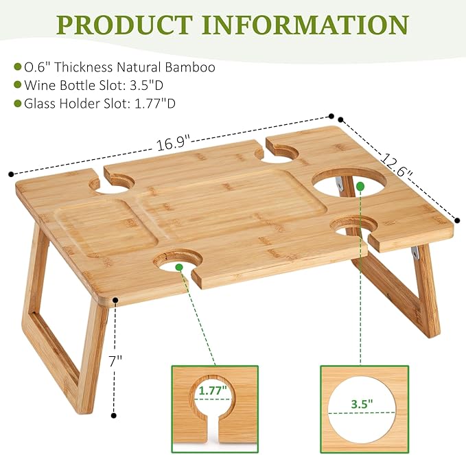 Peohud Portable Wine Picnic Table, Foldable Champagne Picnic Snack Table Tray, Wooden Outdoor Picnic Table with Glass Holder for Park, Beach, Camping, Bed, Wine Lover Gift