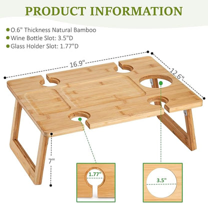 Peohud Portable Wine Picnic Table, Foldable Champagne Picnic Snack Table Tray, Wooden Outdoor Picnic Table with Glass Holder for Park, Beach, Camping, Bed, Wine Lover Gift