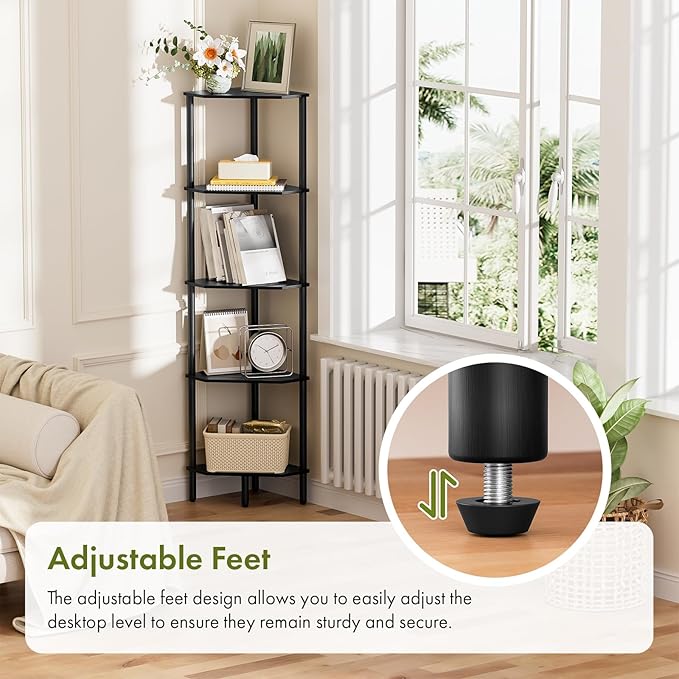 Black Corner Shelf, Industrial 5-Tier Corner Bookshelf, Plant Display Shelf, Free Standing Shelf Storage Organizer, Small Bookcase for Small Spaces, Bedroom, Living Room, Office, Kitchen