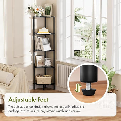 Black Corner Shelf, Industrial 5-Tier Corner Bookshelf, Plant Display Shelf, Free Standing Shelf Storage Organizer, Small Bookcase for Small Spaces, Bedroom, Living Room, Office, Kitchen