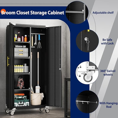erosoei 71" Broom Storage Cabinet, Cleaning Tool Storage Cabinet, Garage Utility Storage with Hooks and Hanging Rods, Heavy Duty Garden Tool Organizer, for Home, Garage, Laundry Room, Gym, Workshop.