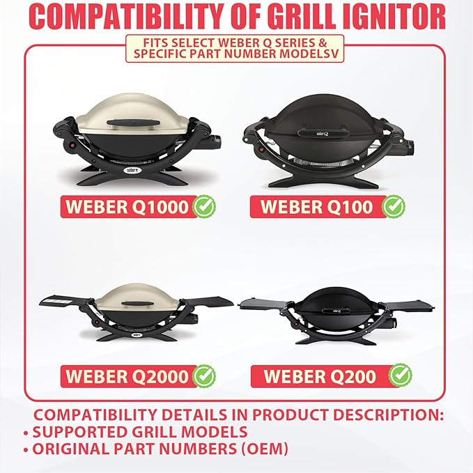 80462 Igniter Kit Replacement for Weber Q100 Q200 Q120 Q220 Gas Grills, Push Button Piezo Ignition Kit for Weber Q1000 Q2000 Series Accessories, Grill Starter for Weber 386001 386002 566001 Parts