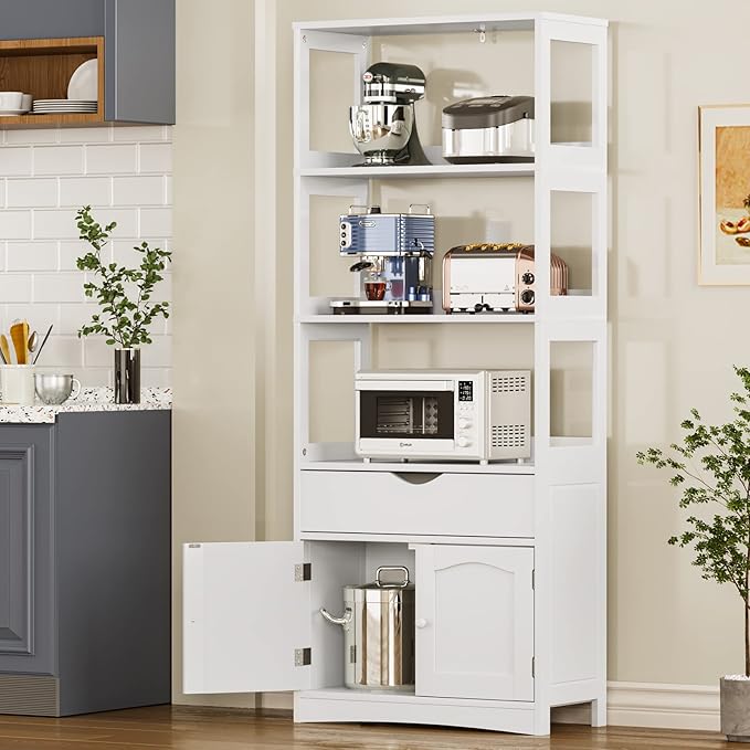 DICTAC Kitchen Pantry Storage Cabinets Freestanding Tall Bathroom Cabinet with Shelves and Drawer 64''H Sideboard Microwave Space Cupboard Organizer for Home Office,White, 23.62x13x64.06inch | Freestanding