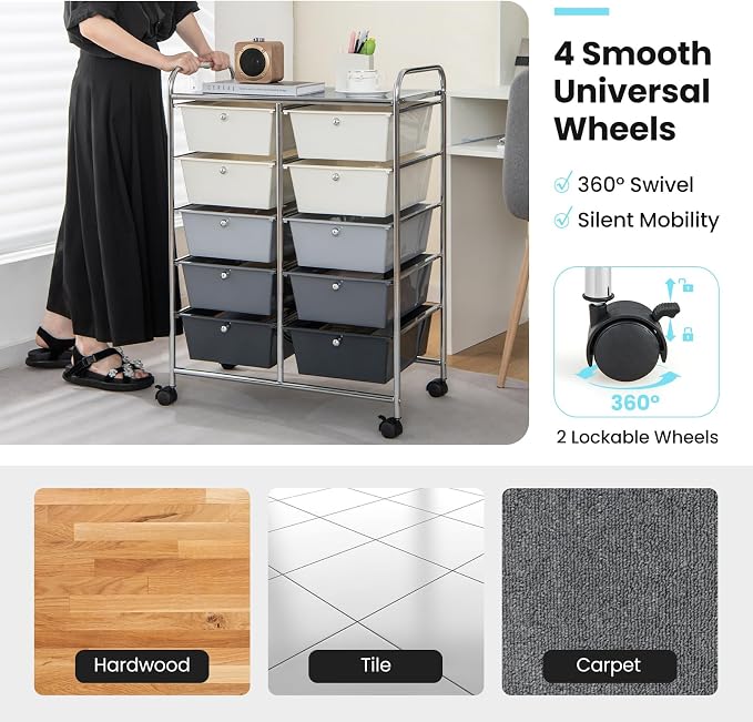 HOMGX Rolling Cart with 10 Drawers, 10 Tiers Multicolor Trolley, Drawer Bin Carts with 2 Lockable Wheels, Adjustable File & Debris Organizer Cart, Rolling Storage Cart for Office, School, Home