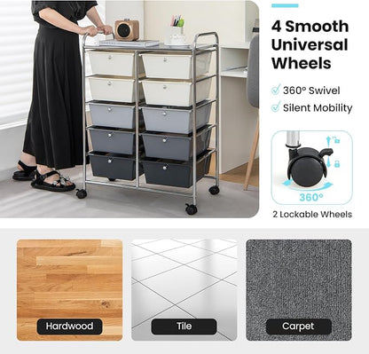 HOMGX Rolling Cart with 10 Drawers, 10 Tiers Multicolor Trolley, Drawer Bin Carts with 2 Lockable Wheels, Adjustable File & Debris Organizer Cart, Rolling Storage Cart for Office, School, Home