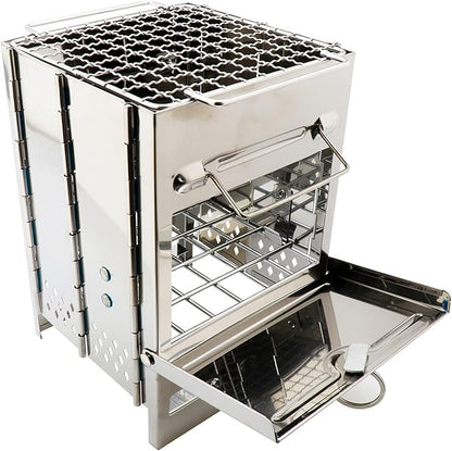 Stainless steel folding grill, portable square BBQ grill, integrated outdoor mini charcoal stove, wood stove, for backpacking and outdoor cooking (4 sizes) (7.9x7.9x10.6)