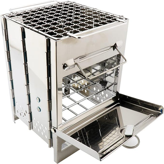 Stainless steel folding grill, portable square BBQ grill, integrated outdoor mini charcoal stove, wood stove, for backpacking and outdoor cooking (4 sizes) (7.9x7.9x10.6)