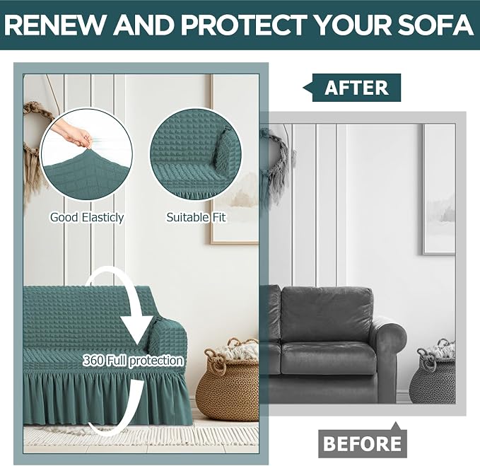 Fanfanwin 3 Pcs Sofa Slipcover Set for Couch Cushion Durable Washable High Elastic Stretchable Furniture Couch Covers with Skirt for Sofa Loveseat Arm Chair (Sage,Seersucker)
