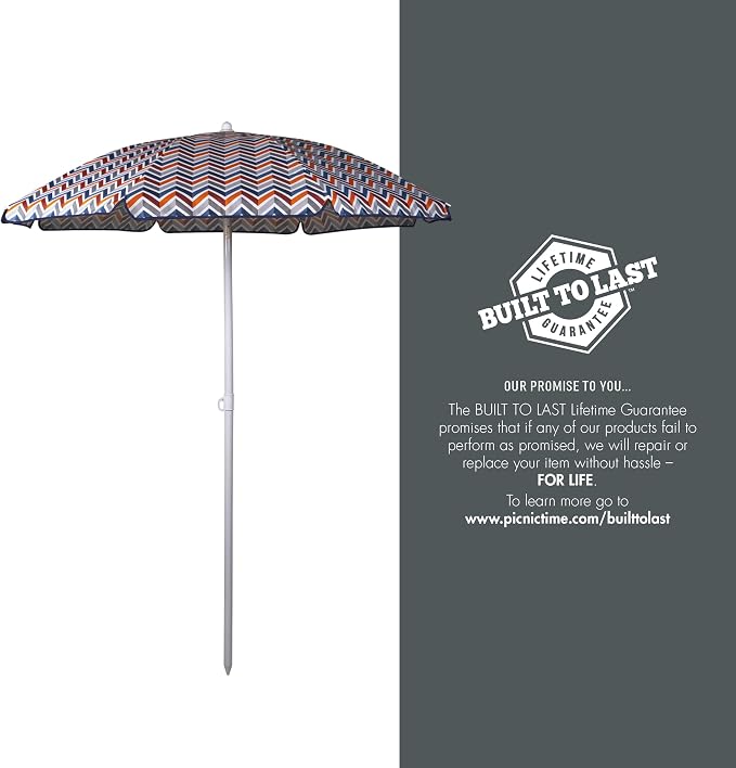 PICNIC TIME 5.5 Ft Portable Beach Umbrella, Lightweight UV Protection Sunshade with Tilt Pole & Carry Bag, Outdoor Canopy Umbrella for Beach, Sand, Pool, Patio, Camping, Travel, or Backyard Shade, (Vibe Collection - Navy Blue, Orange, & Gray Pattern)