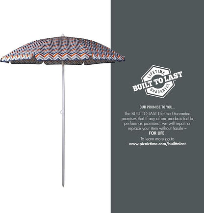 PICNIC TIME 5.5 Ft Portable Beach Umbrella, Lightweight UV Protection Sunshade with Tilt Pole & Carry Bag, Outdoor Canopy Umbrella for Beach, Sand, Pool, Patio, Camping, Travel, or Backyard Shade, (Vibe Collection - Navy Blue, Orange, & Gray Pattern)