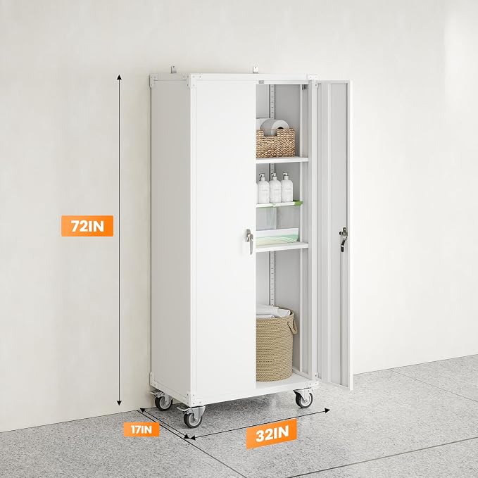 DUMOS 72 Inch Garage Storage Cabinet, Tool Organizer, Lockable File Cabinet | Tall Rolling Metal Steel Frame Storage with Lockable Wheels and Adjustable Shelves, Fits Home Office Warehouse, White
