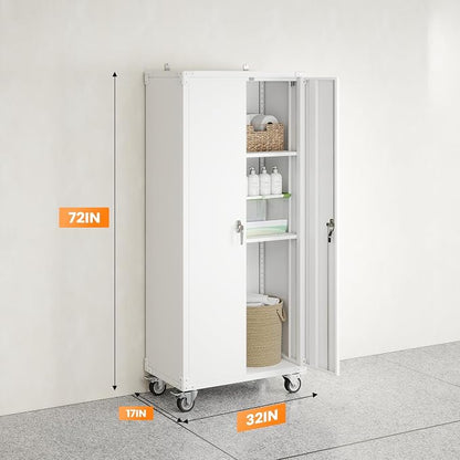 DUMOS 72 Inch Garage Storage Cabinet, Tool Organizer, Lockable File Cabinet | Tall Rolling Metal Steel Frame Storage with Lockable Wheels and Adjustable Shelves, Fits Home Office Warehouse, White