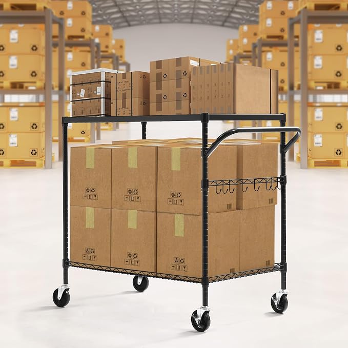 2-Tier Utility Cart with Wheels, Metal Cart with 1000LBS Capacity, NSF Heavy Duty Rolling Cart, Commercial Grade Serving Tool Storage Carts for Warehouse Garage Kitchen, 24"D x 40"W x 39"H, Black