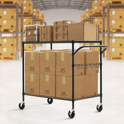 2-Tier Utility Cart with Wheels, Metal Cart with 1000LBS Capacity, NSF Heavy Duty Rolling Cart, Commercial Grade Serving Tool Storage Carts for Warehouse Garage Kitchen, 24"D x 40"W x 39"H, Black
