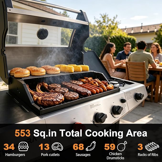 4 Burners Propane Gas Outdoor Grill 50,000 BTU, 553 Sq.in, Searing Burner, Side Burner, Porcelain-Enameled Grates BBQ Grill, Stainless Steel Propane Grill, Patio Garden Family Party Barbecues