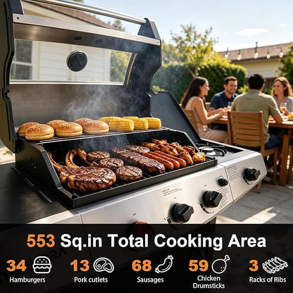 4 Burners Propane Gas Outdoor Grill 50,000 BTU, 553 Sq.in, Searing Burner, Side Burner, Porcelain-Enameled Grates BBQ Grill, Stainless Steel Propane Grill, Patio Garden Family Party Barbecues