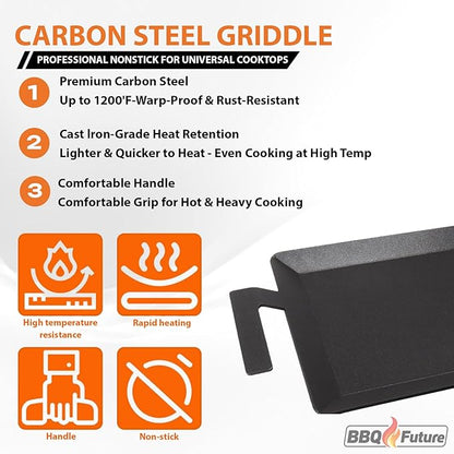 Carbon Steel Griddle for Gas Grill, Double Burner Griddle Compatible with Induction, Stove Top, Electric, Oven - 17" x 10" Professional Cookware for Cooktop, NonStick Griddle Pan