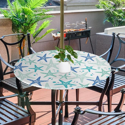 Fitted Round Tablecloth with Umbrella Hole and Zipper Starfish Outdoor Elastic Table Cloth 36"-44" Oil-Proof Waterproof Blue Starfishes Patio Table Cover for Picnic Party