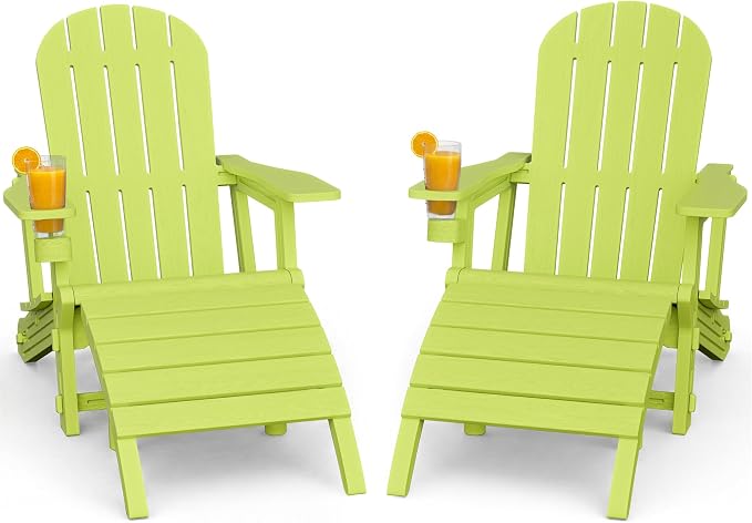 Shintenchi Adirondack Chair Set of 2,HDPE Adirondack Chairs with Umbrella Hole Connecting Tray & 2 Curved Ottoman,Plastic Outdoor Chairs with Cup Holders for Garden Backyard Pool,Green