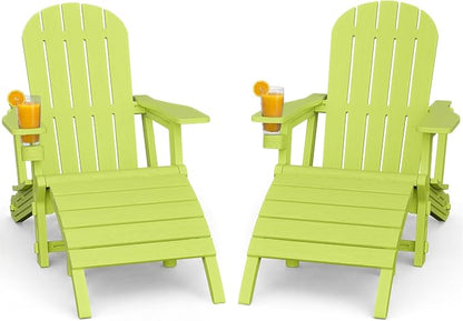Shintenchi Adirondack Chair Set of 2,HDPE Adirondack Chairs with Umbrella Hole Connecting Tray & 2 Curved Ottoman,Plastic Outdoor Chairs with Cup Holders for Garden Backyard Pool,Green