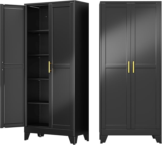 71" Metal Garage Storage Cabinet with 2 Doors and 4 Adjustable Shelves,Metal Storage Cabinets,Steel Tool Cabinets for Home,Office,Garage,Warehouse (Black, 71''H x 29''W x 14''D)