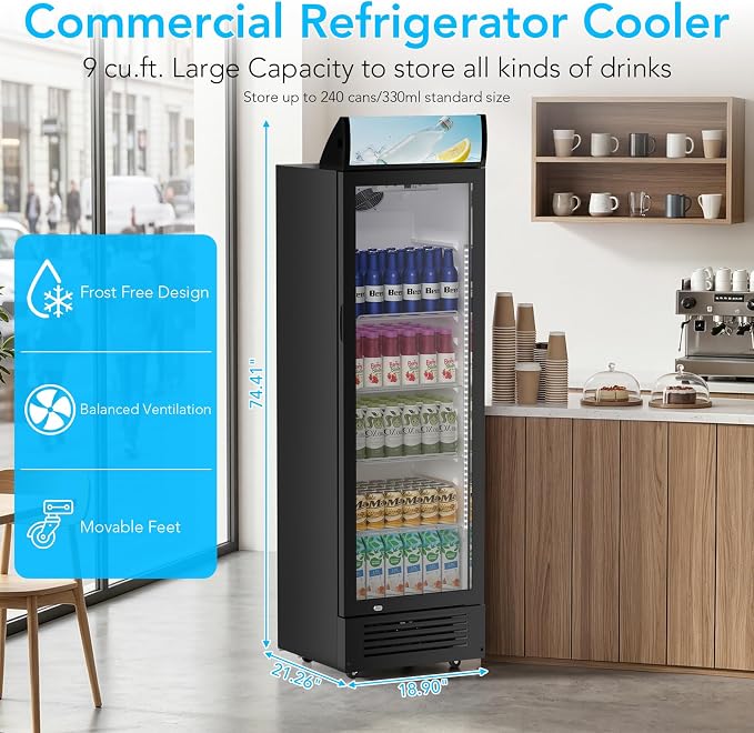 Electactic 9.1 Cu.Ft Commercial Refrigerators, Display Refrigerator with Double-Tempered Glass Door, Commercial Display Fridge with 4 Adjustable Shelves & LED Light, for Shops, Restaurants, Bars
