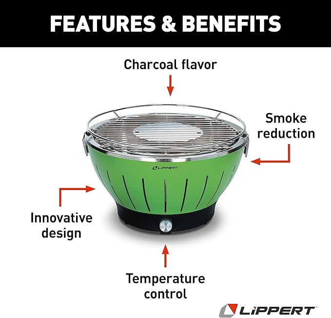 Lippert Odyssey Portable Grill - Compact and Versatile Charcoal Grill for Camping, Tailgating, and Outdoor Cooking - Lightweight and Durable Design with Large Cooking Surface - Green