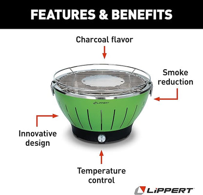 Lippert Odyssey Portable Grill - Compact and Versatile Charcoal Grill for Camping, Tailgating, and Outdoor Cooking - Lightweight and Durable Design with Large Cooking Surface - Green