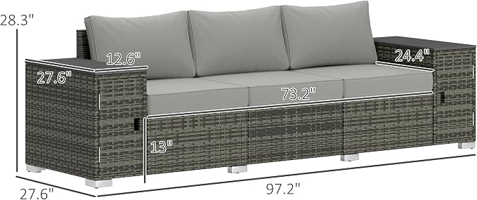 Outsunny 3 Seater Wicker Sofa with 2 Storage Side Tables and Thickened Cushions, Rattan Outdoor Patio Sofa with Wide Armrests, Wicker Outdoor Couch for Porch, Garden, Backyard, Gray