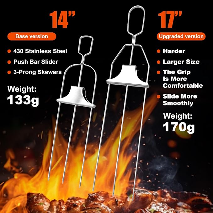 SHIKORI 3 Way Kabob Skewer,17''Stainless Steel Barbecue Fork 3 Pcs | Kabob Sticks With Push Bar Reusable Metal Skewer for Outdoor BBQ Meat Chicken Veggies Camping ,Food Grade,Rustproof