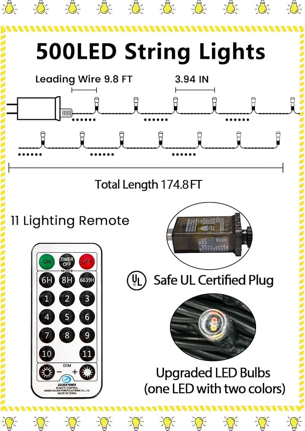 500 LED 165 FT Color Changing Christmas Lights with Remote Timer & 11 Modes | Warm White & Multicolor Fairy Xmas String Lights with Memory Function Waterproof for Tree Terrace Pillar Roof Birthday Decor
