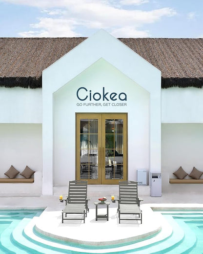 Ciokea Outdoor Lounge Chair Set of 4, All Weather Patio Chaise Lounge Chairs for Outside, HDPE Chair with Rolling Wheels & Cup Holder, 5 Position, Deck, Pool, Grey