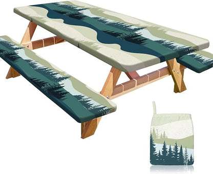 Picnic Table and Bench Cover Set, Waterproof Fitted Elastic Cloth | Portable Camping Essentials With Built-In Storage Pocket And Waterproof Fabric For Outdoor RV Or Picnic Table Use