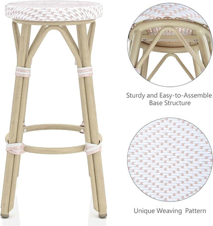 Seadrift Boho 26-inch Aluminum and All-Weather Wicker Barstools with Footrest, Patio Stools & Bar Chairs for Outdoor, Kitchen Counter, Poolside, Yard, Set of 2, White and Pink