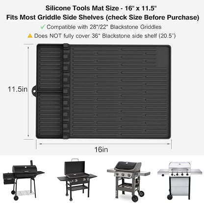 Silicone Grill Mat Compatible with Blackstone, BBQ Griddle Tools Mat with Drip Pad, Large Spatula Holder for Outdoor Kitchen Counter, Gifts for Men (Black)