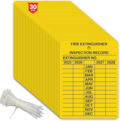 30 x Fire Extinguisher Tags with Cable Ties | Fire Extinguisher Recharge and Inspection Record for Indoor Outdoor Fire Extinguishers | 2.25 x 3 Inch 2025-2028 Monthly Inspection | Tear Proof