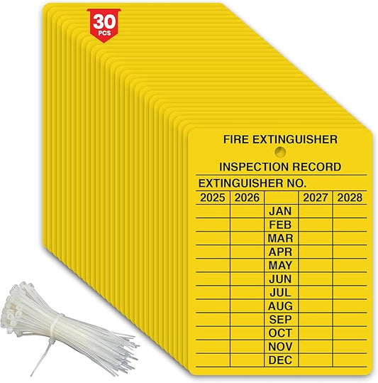 30 x Fire Extinguisher Tags with Cable Ties | Fire Extinguisher Recharge and Inspection Record for Indoor Outdoor Fire Extinguishers | 2.25 x 3 Inch 2025-2028 Monthly Inspection | Tear Proof
