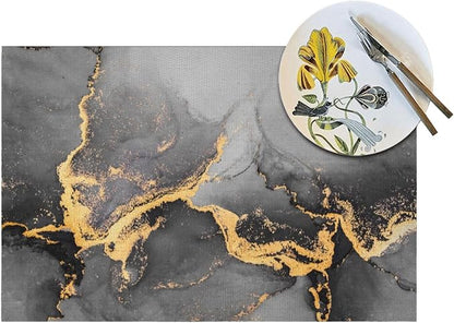 Black Gray Gold Marble Placemats Set of 4 Linen Decorative Table Mat | For Dining Table Kitchen Farmhouse Outdoor Home Decor 12"x18" Abstract Modern Place Mats